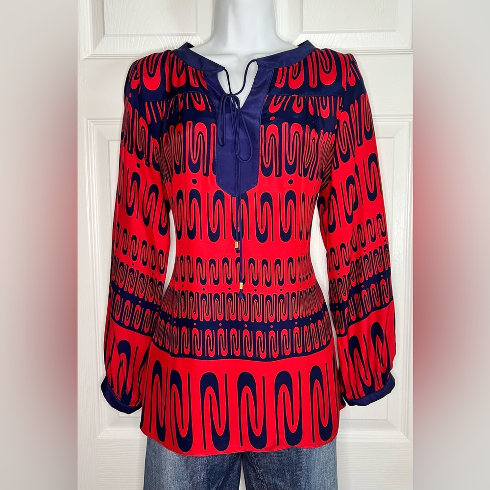Britt Ryan Women’s Red Blue Silk Tunic-Style Blouse M